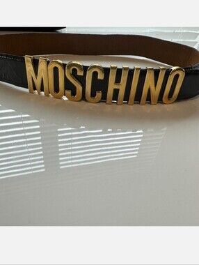 Moschino Black Leather Belt with Large Gold Lettering Buckle